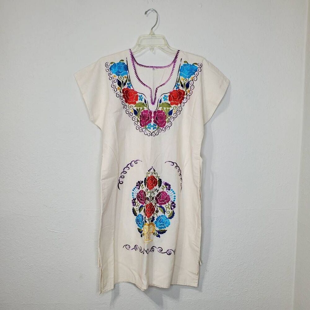 Authentic Mexican embroidered short sleeve beige dress size M